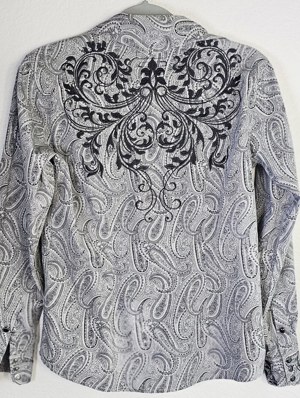 Panhandle Slim Women's Medium Black Gray Paisley Embroidered Pearl Snap Western - Picture 2 of 9